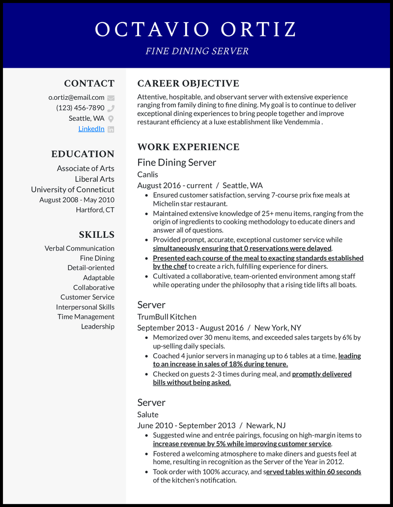 7 Fine Dining Server Resume Examples For 2025 7 Fine Dining Server Resume Examples For 2025
