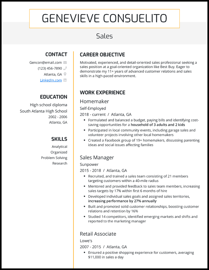 3 Homemaker Resume Examples That - Modern Homemaker Yellow Resume Example 