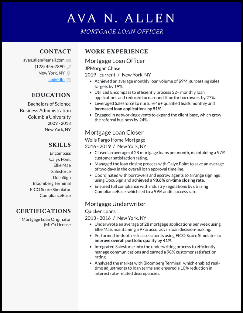 Mortgage Loan Officer resume example with 10 years of experience