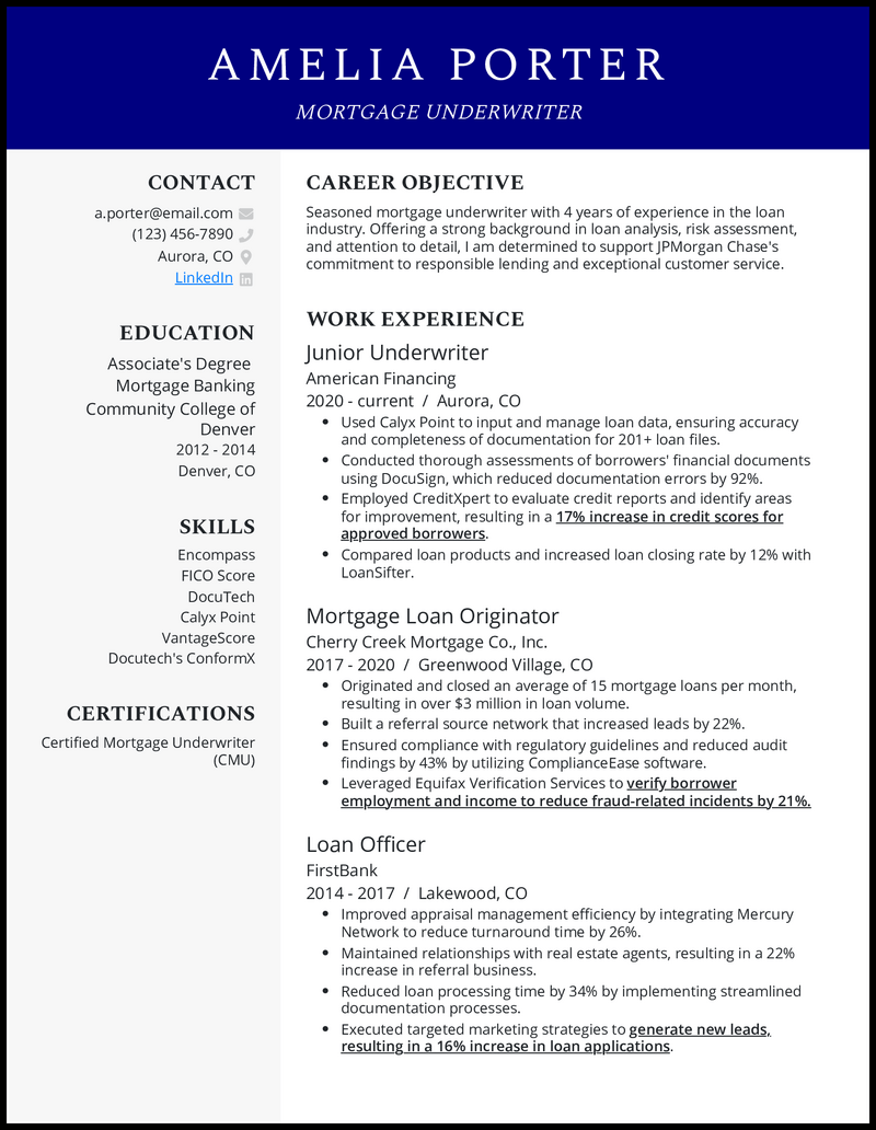 Mortgage underwriter resume example with 9 years of experience