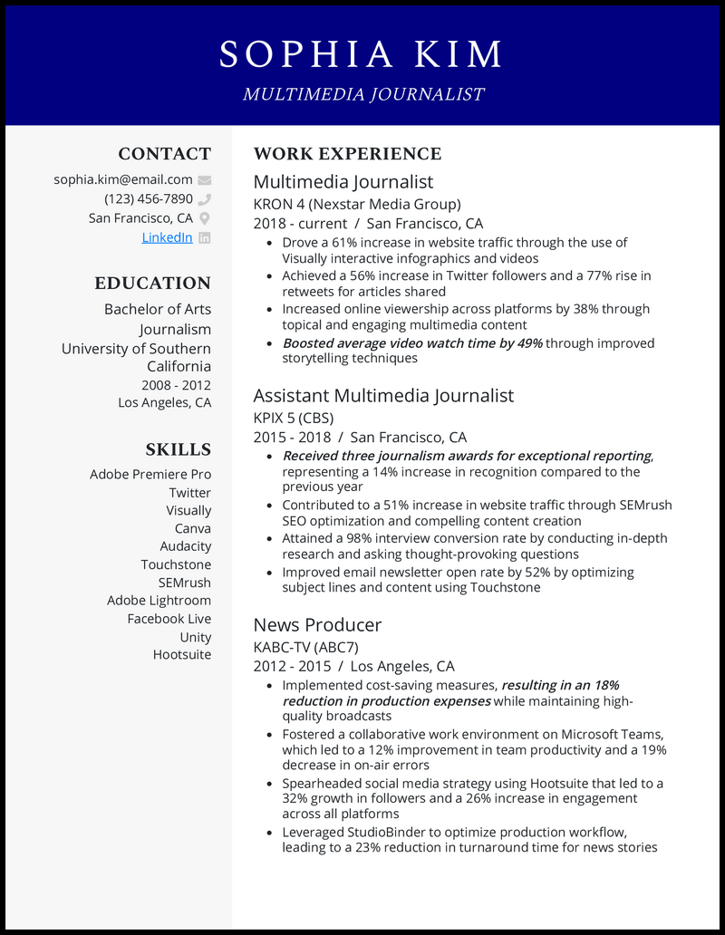 Multimedia journalist resume example with 11 years experience