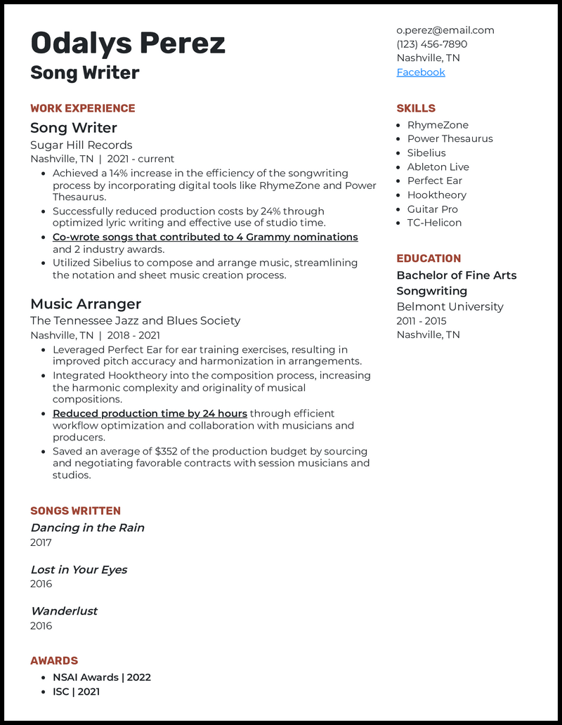 7 Music Resume Examples That Hit - Music Industry Red Brown Resume Example 