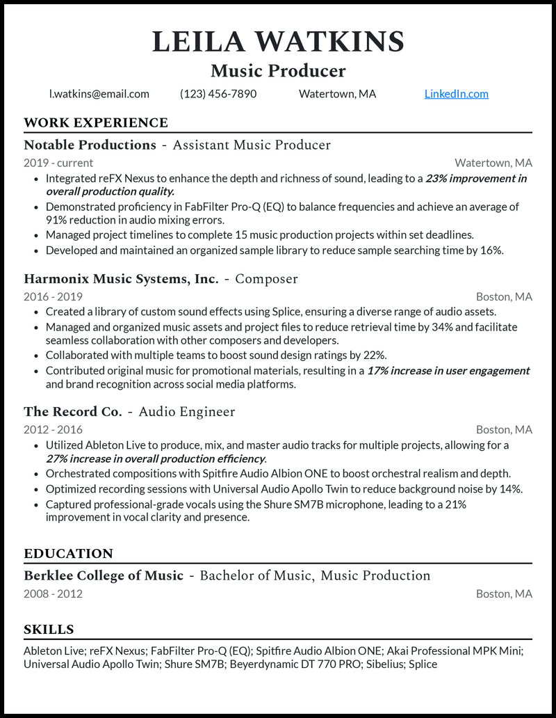 Music producer resume example with 10+ years of experience