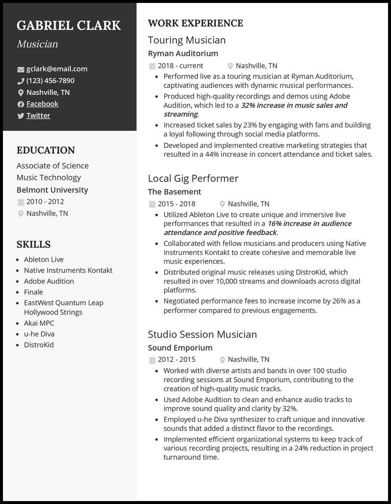 Musician resume example with 10 years of experience