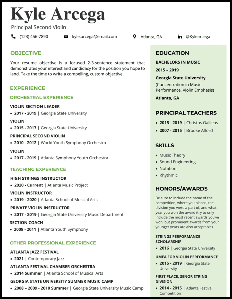 Music Microsoft Word resume template with green sidebar