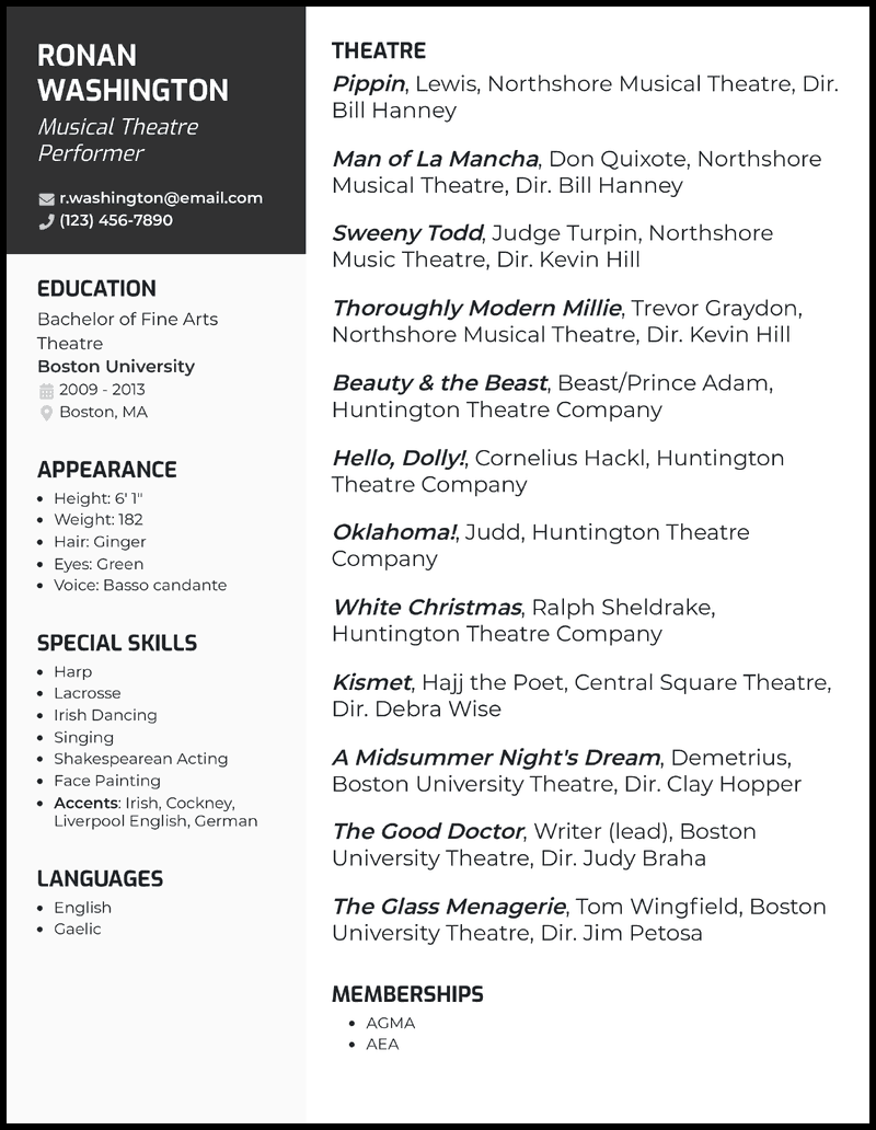 Musical theatre resume example with 6+ years experience