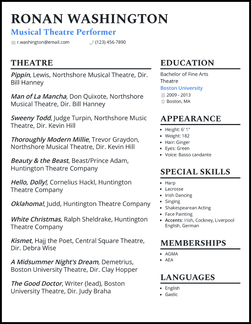 Formal musical theatre resume example with 6+ years experience