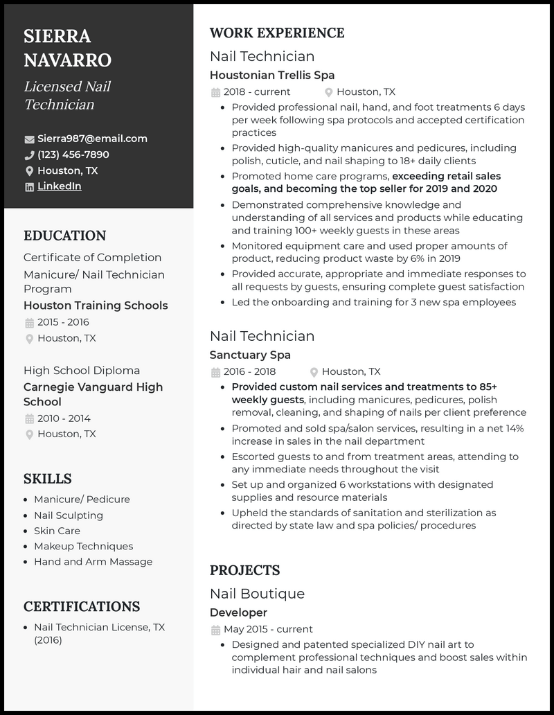 Nail technician resume example with 7+ years experience