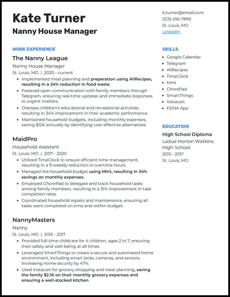 Nanny house manager resume example with 8 years of experience