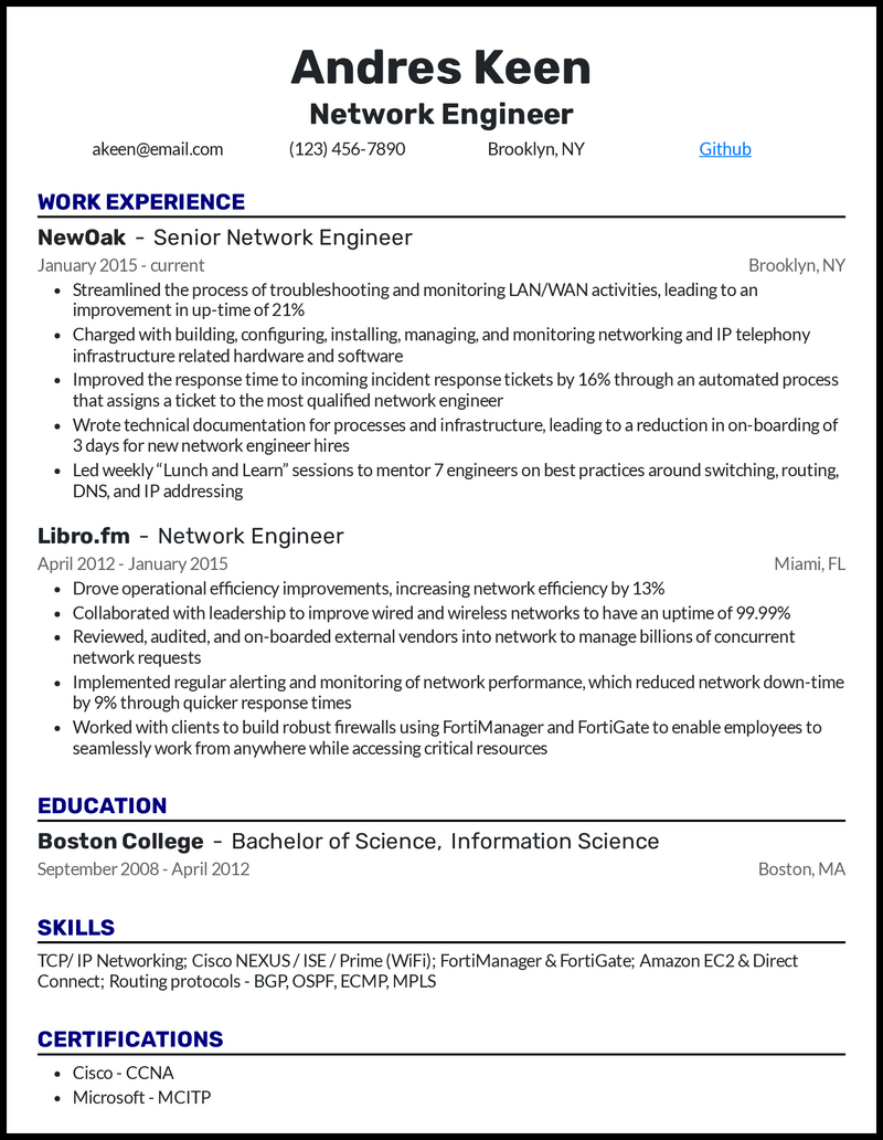 best resume format for network engineer