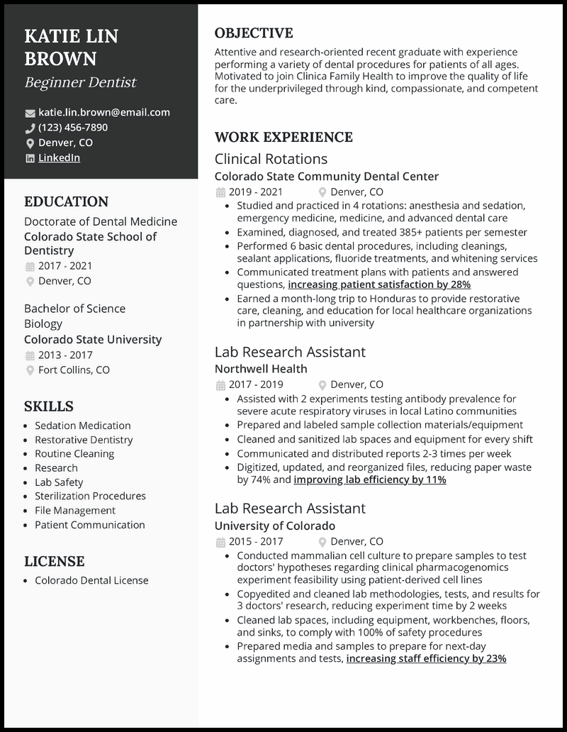 New dentist resume example