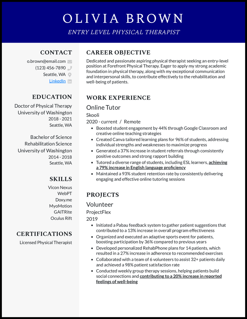 New grad physical therapist resume example with volunteer experience