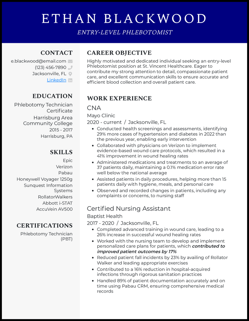 New phlebotomist resume example with 6 years of CNA experience