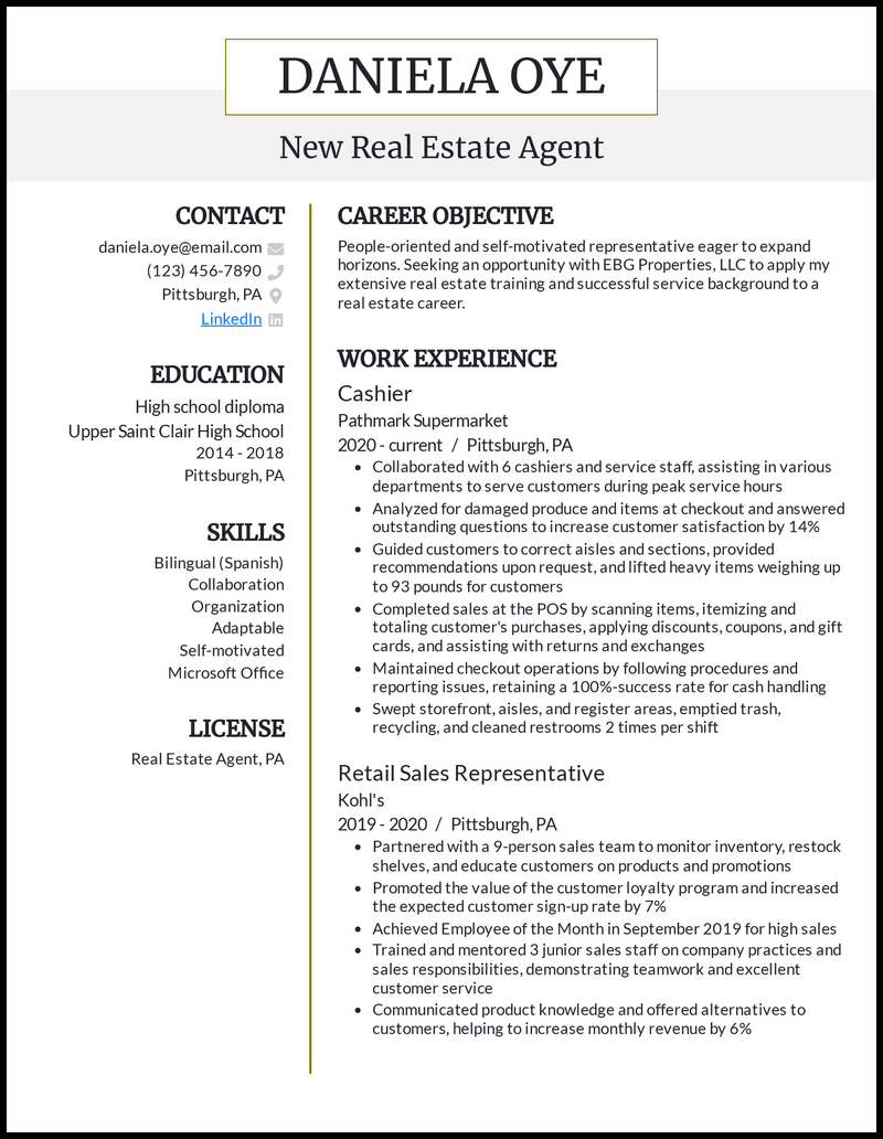 New real estate agent resume example