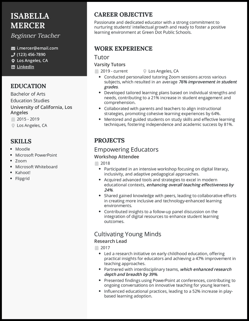 New teacher resume example with 4 years of tutoring experience