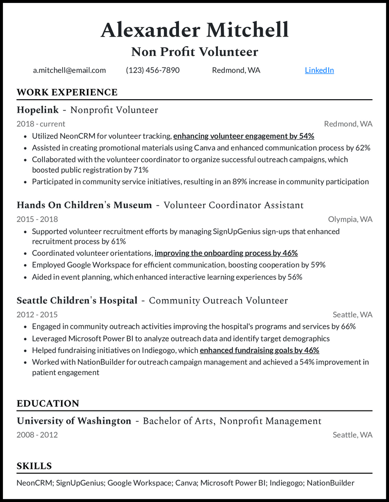 Non profit volunteer resume example with 11 years of experience