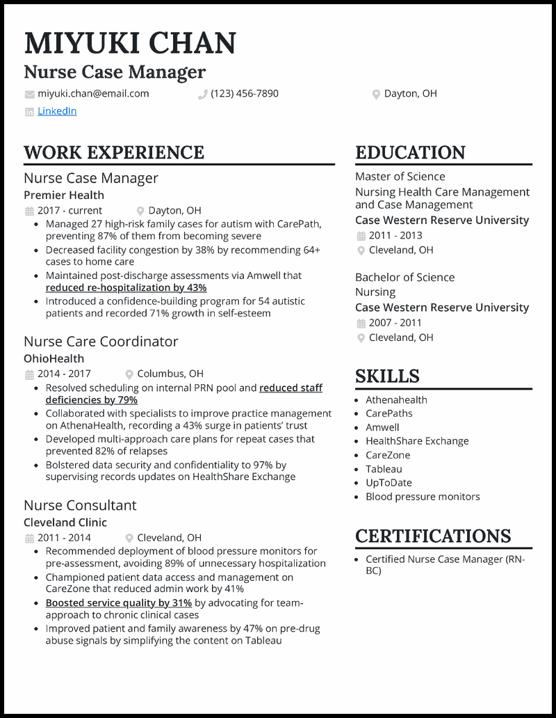 Nurse case manager resume example with 6+ years of experience