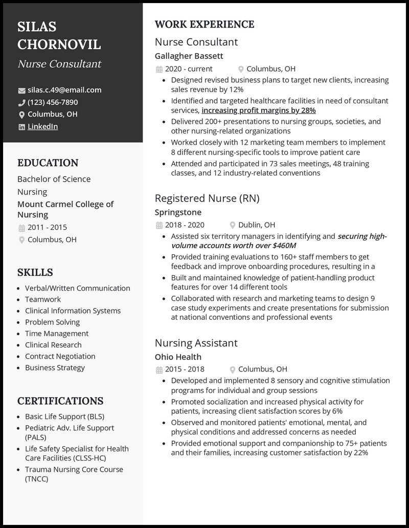 Modern nurse consultant resume example