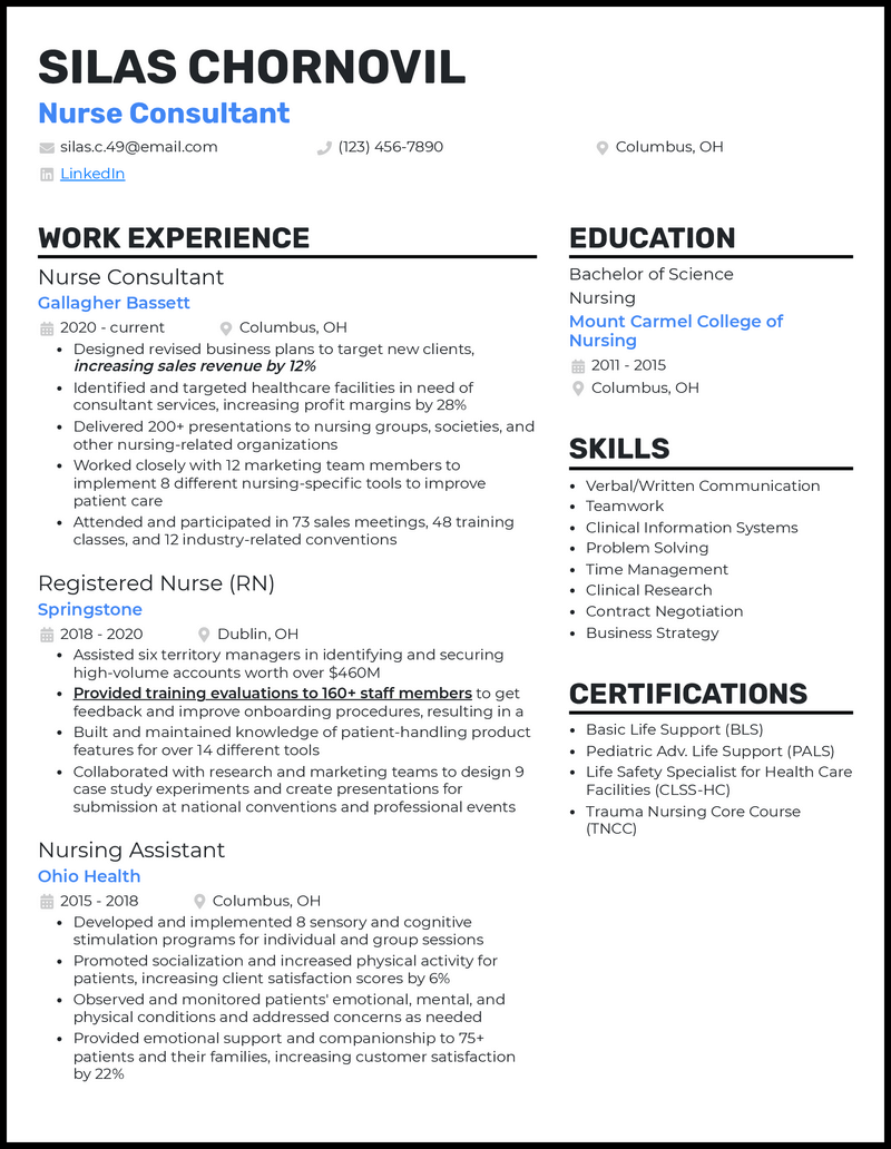 Nurse consultant resume example with 7+ years experience