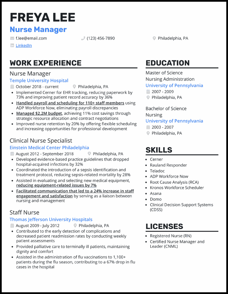 Clean nurse manager resume example with 6+ years experience