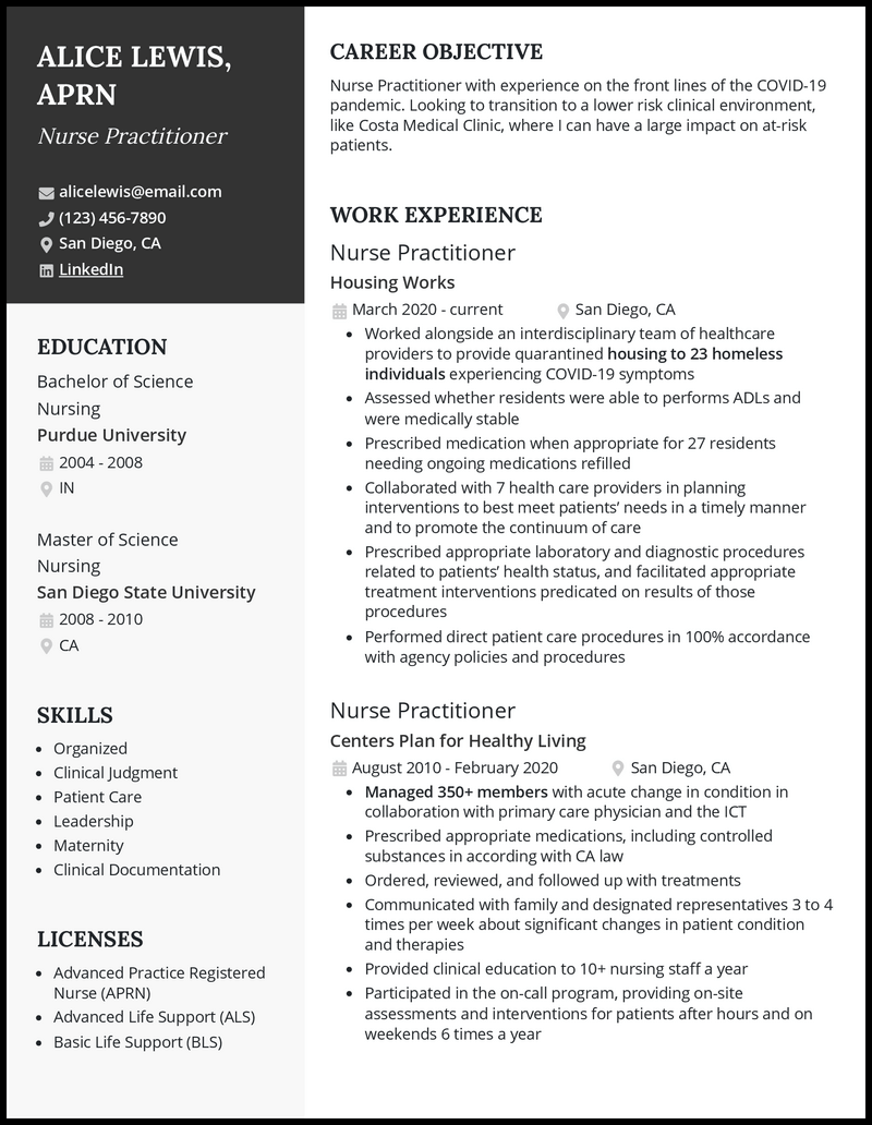 sample nurse practitioner resume