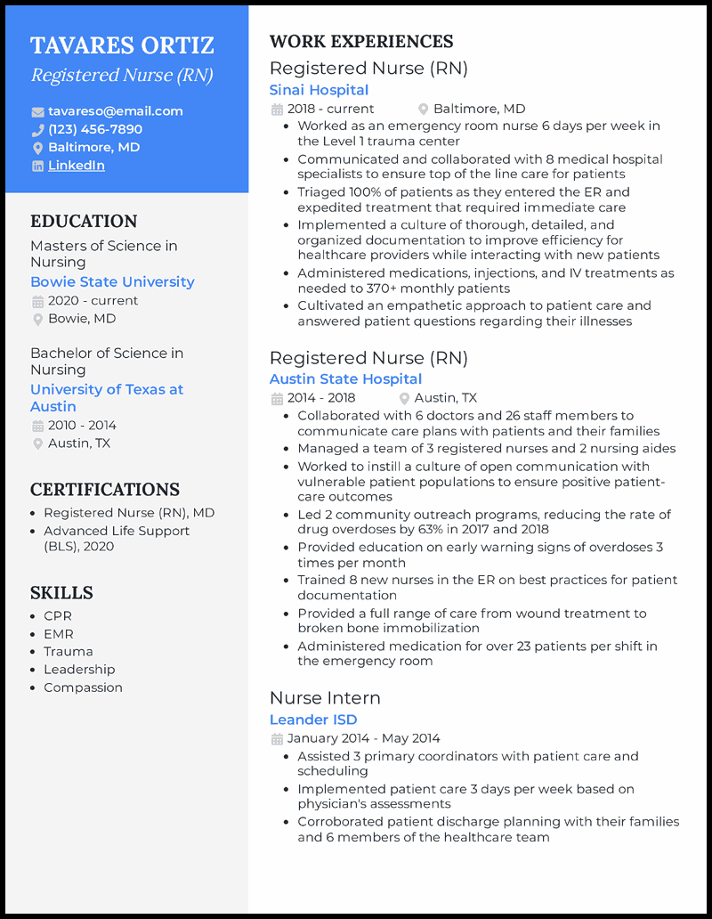 Nurse practitioner student resume example with 8 years of RN experience