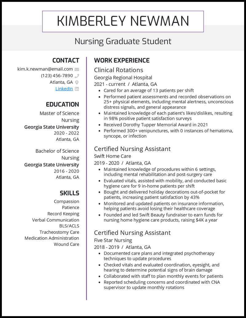 Nursing grad school resume example with 5 years of experience 