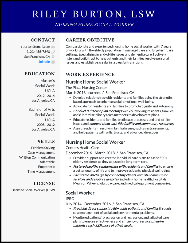 Formal nursing home social worker resume example