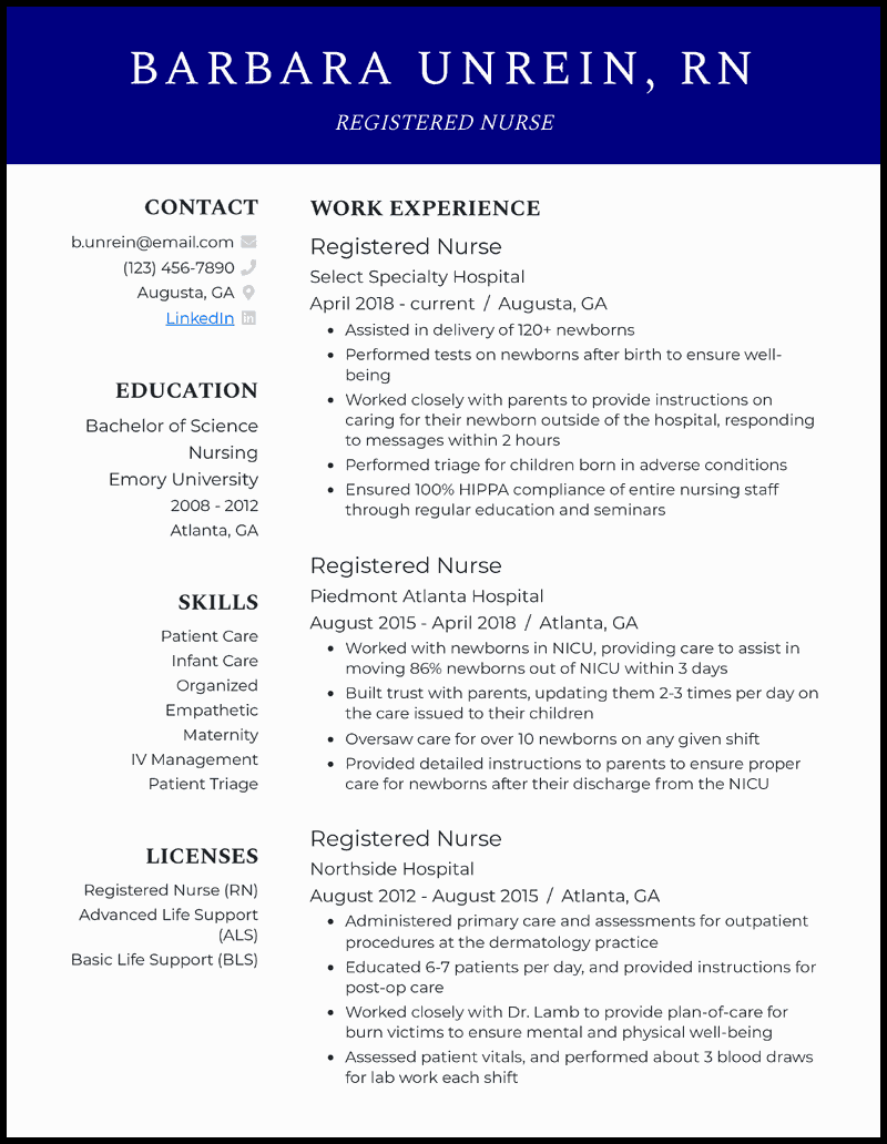 Nursing resume example with 10+ years of experience