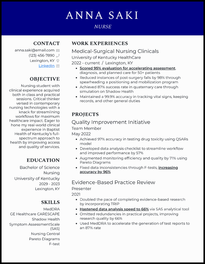 Nursing student clinical experience resume example with 1+ year of clinical experience