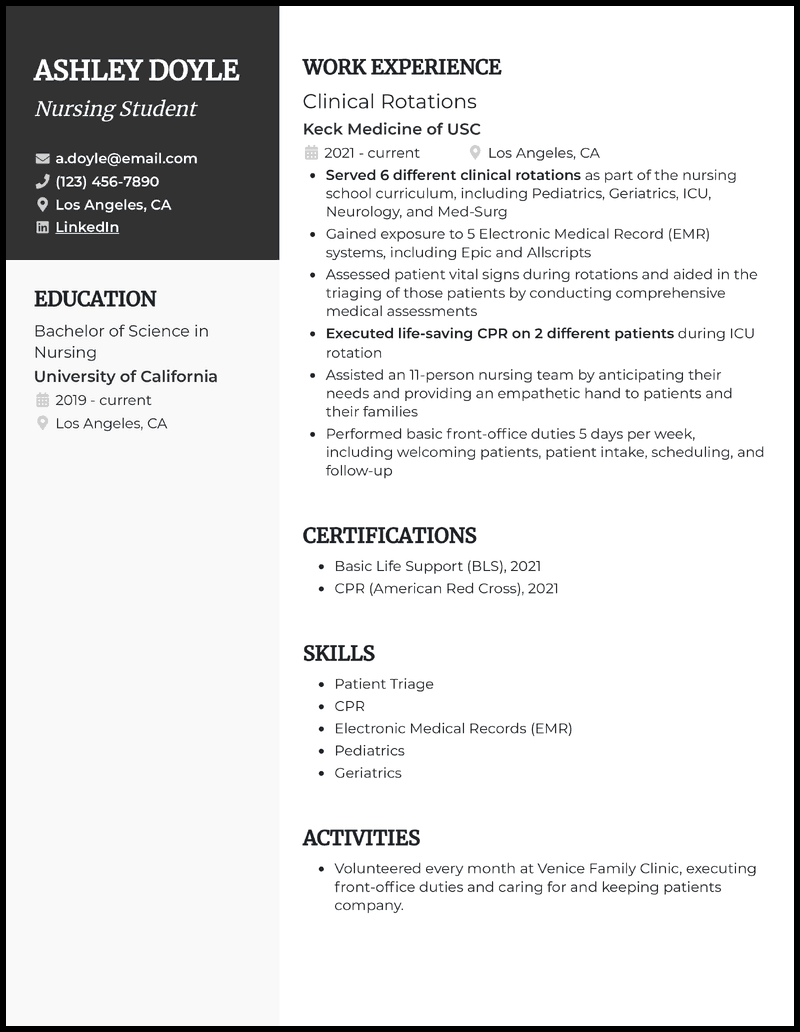 Nursing student for externship resume example with 4+ years experience