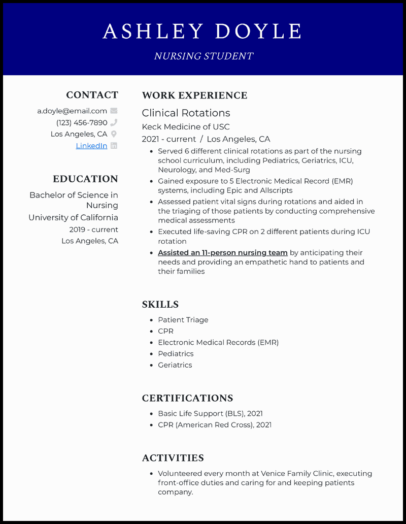 nursing student resume for externship