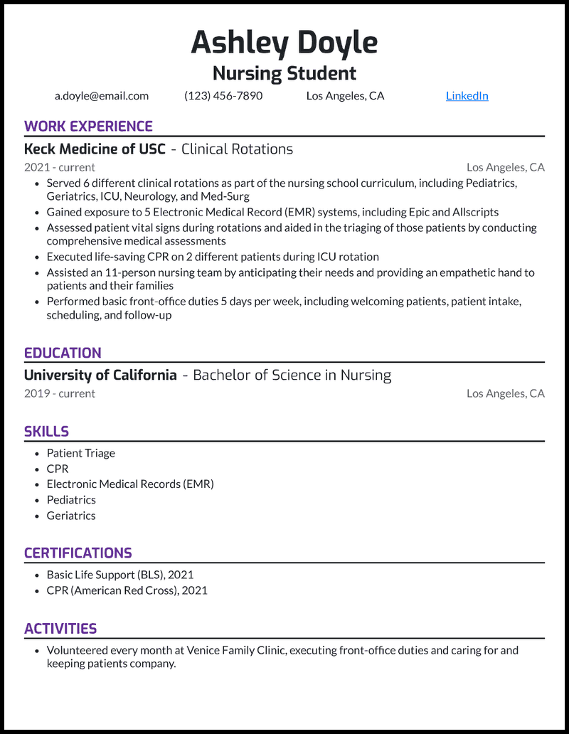 Nursing student for externship resume example with 1+ year of clinical rotation experience 