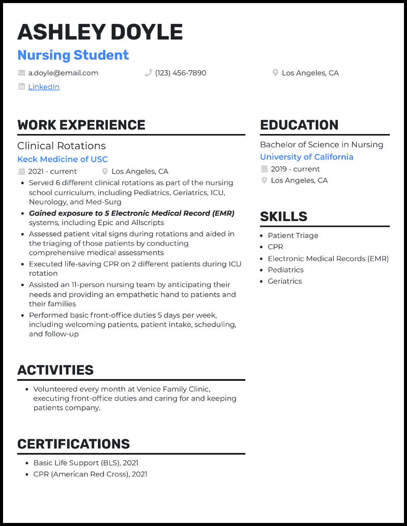 nursing student resume for externship