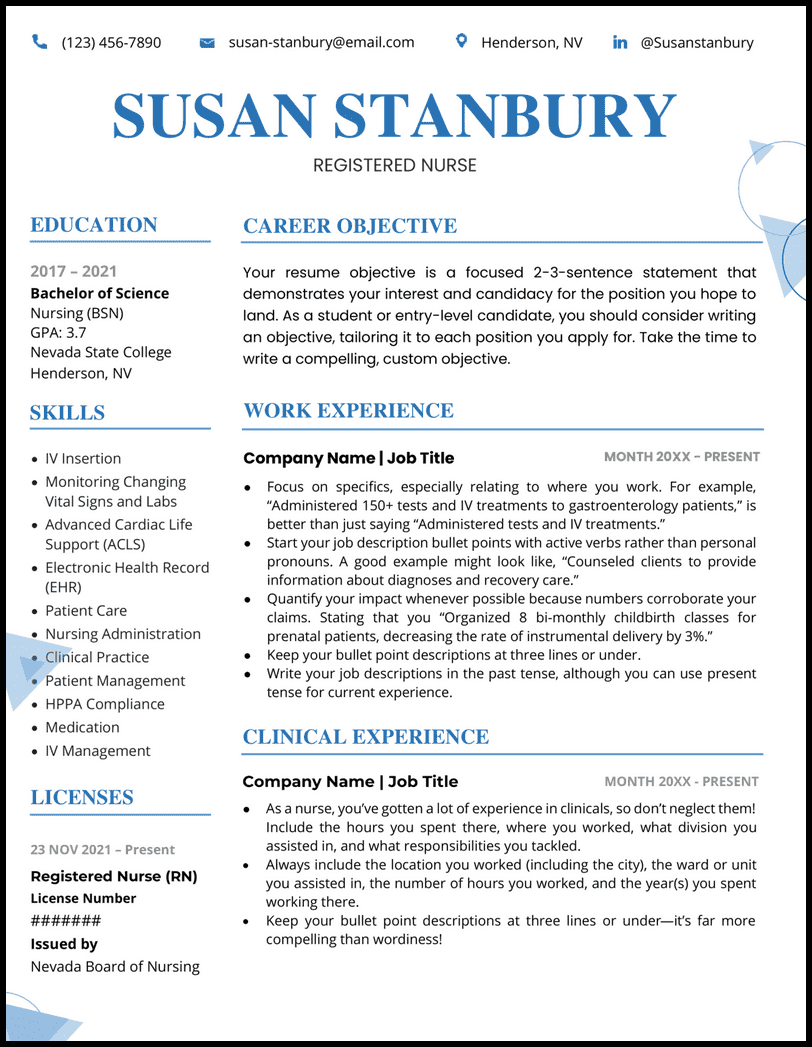 Nursing Microsoft Word resume template with blue headers and blue triangles