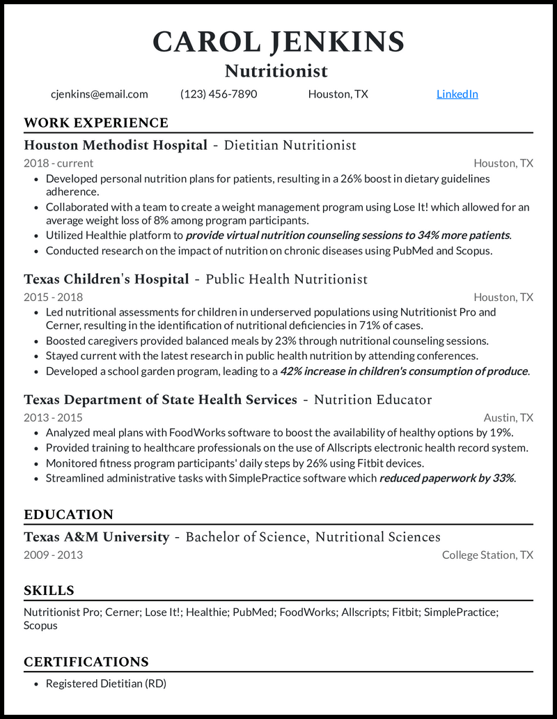 Nutritionist resume example with 10 years of experience