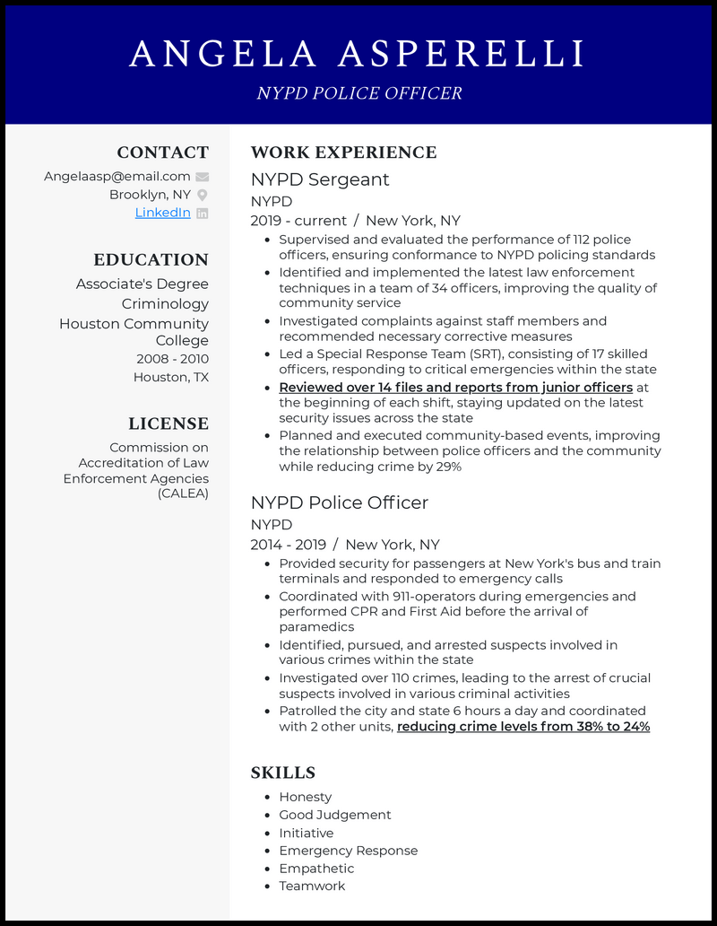 Formal nypd police officer resume example