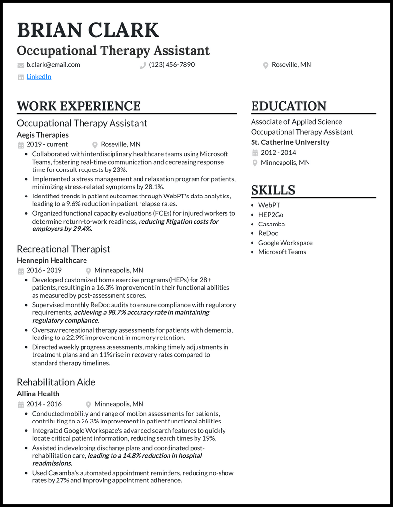 Occupational therapy assistant resume example with 9 years of experience