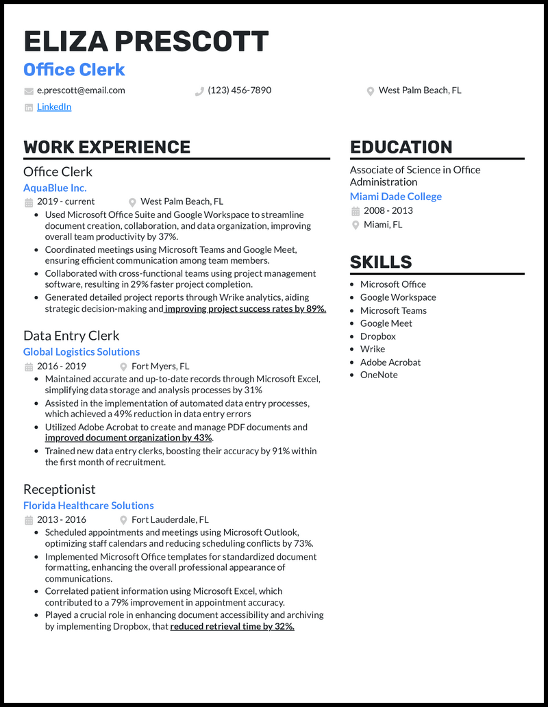 Office clerk resume example with 7 years of experience