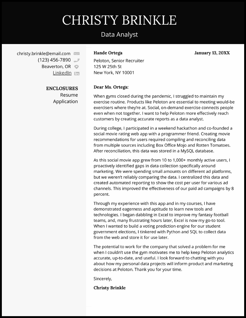 Official data analyst cover letter template