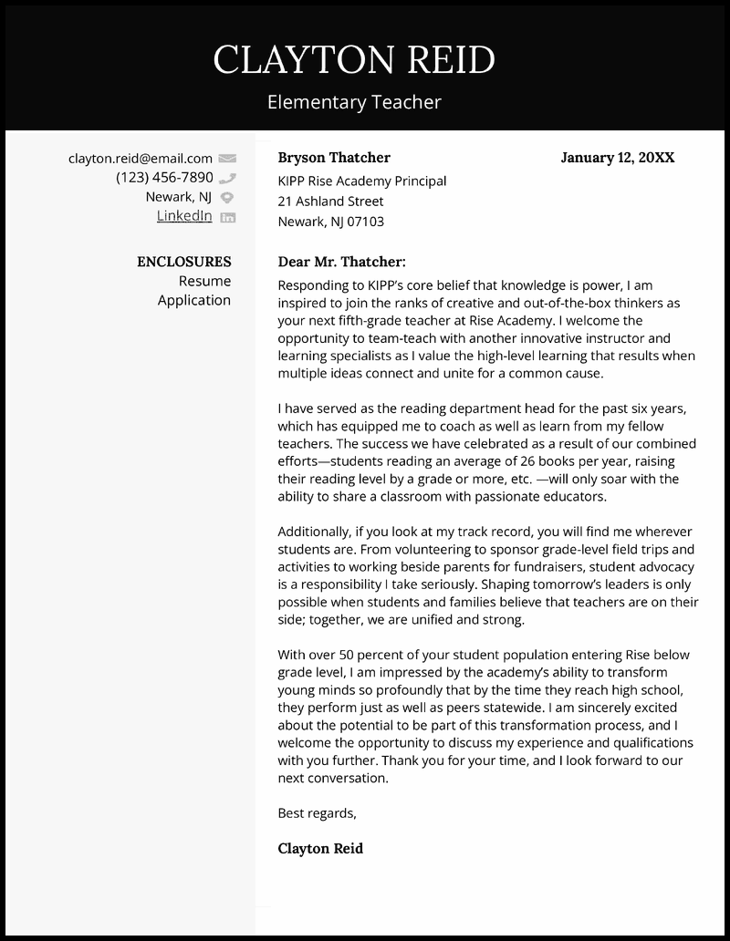 Elementary teacher cover letter example