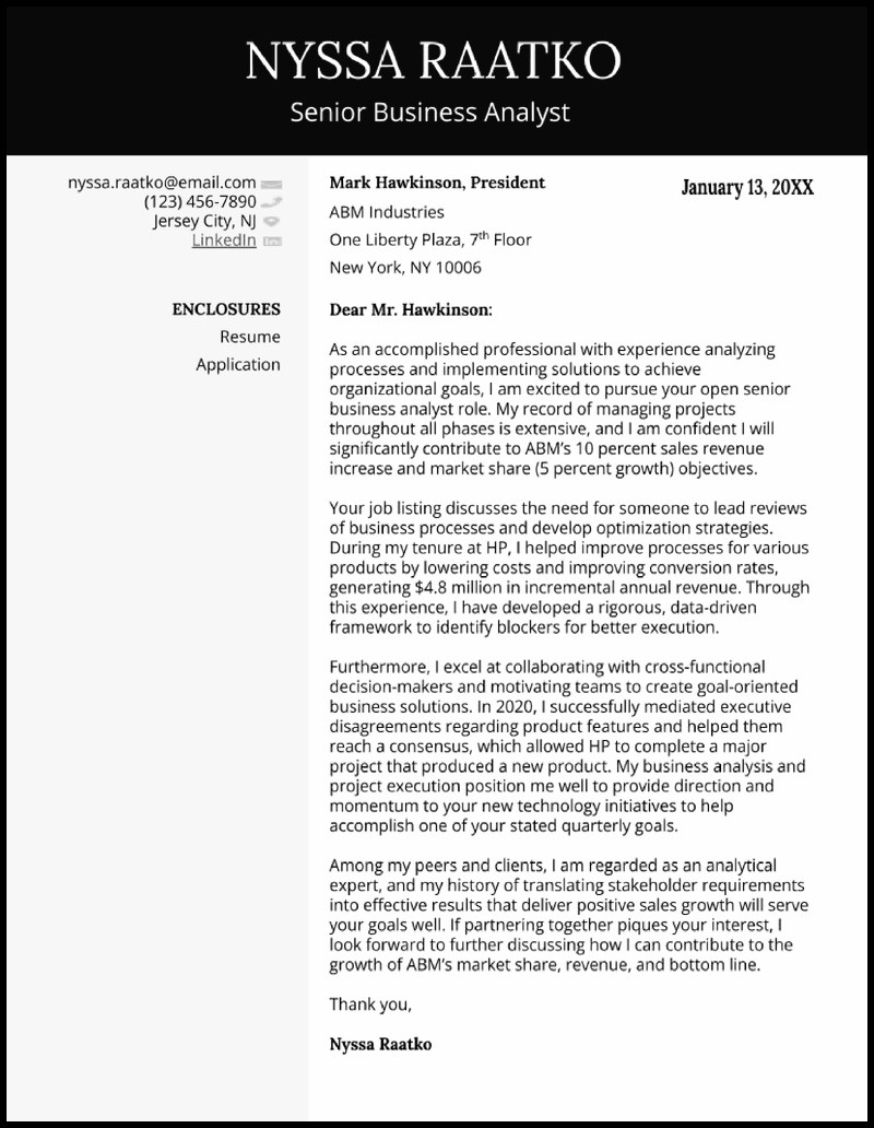 cover letter of senior business analyst