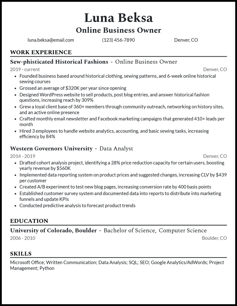 Elegant online business owner resume example