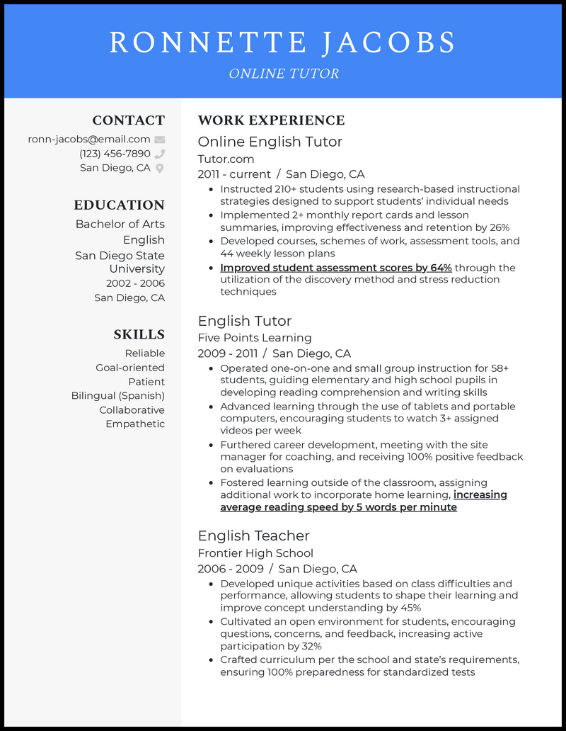 Modern online tutor resume example with 5+ years experience