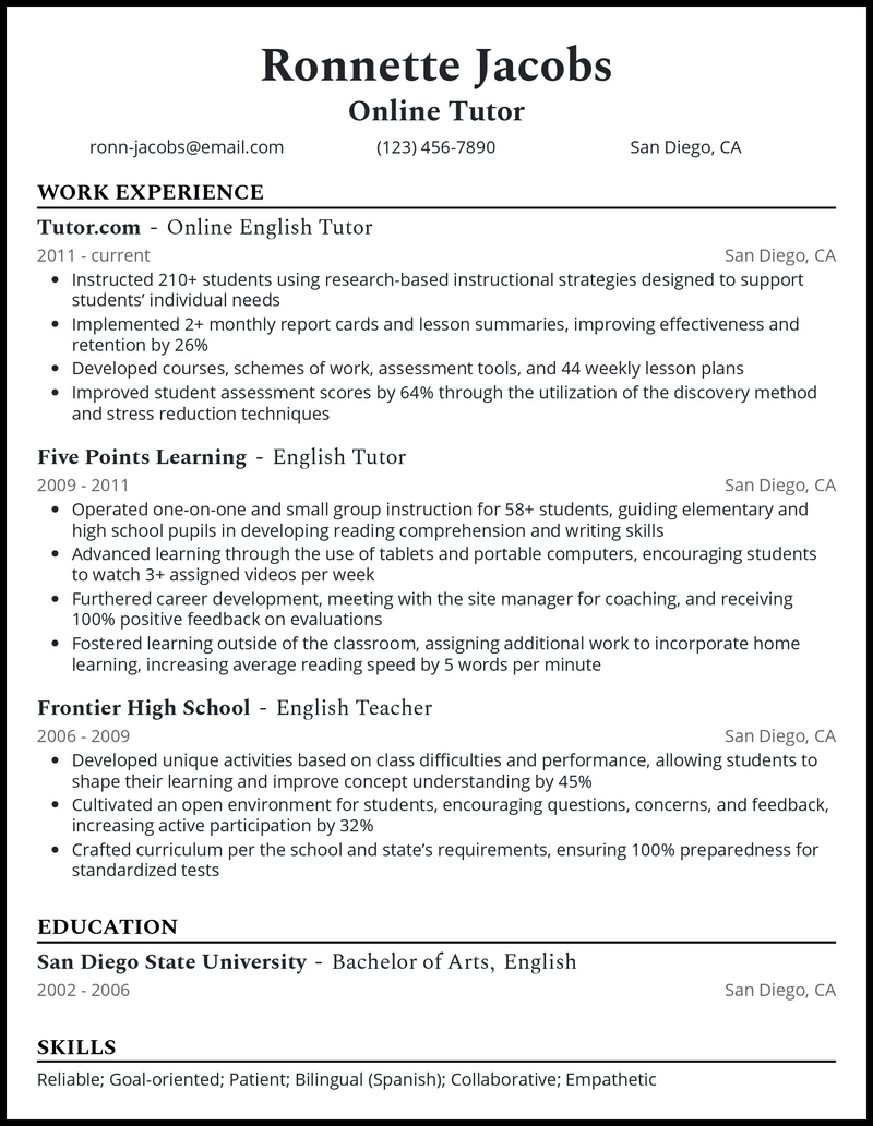 Professional online tutor resume example with 5+ years experience