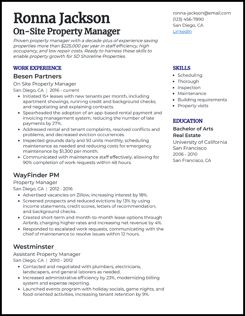 11 Property Manager Resume Templates Examples For 2025 Onsite Property Manager Royal Blue Resume Example 