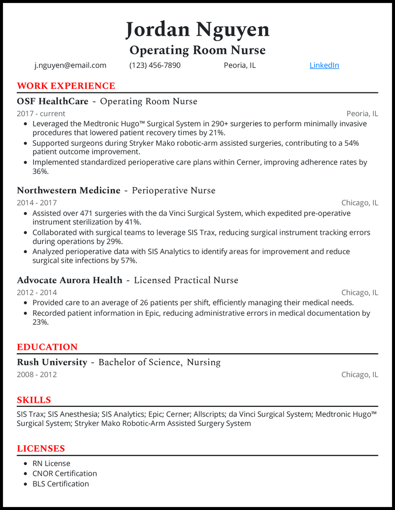 Elegant operating room nurse resume example with 6+ years experience