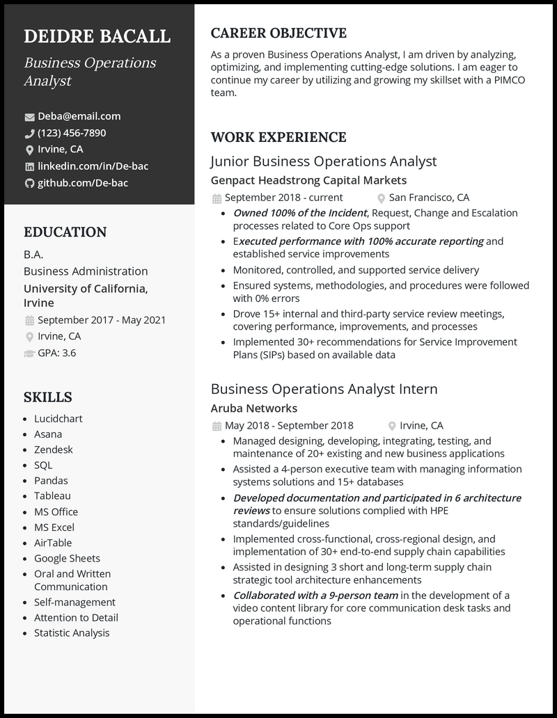 Operations analyst resume example with 6+ years experience