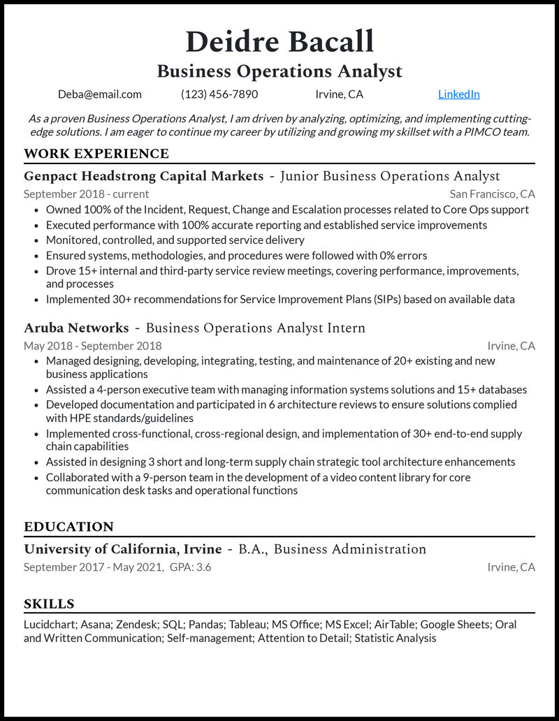 Elegant operations analyst resume example