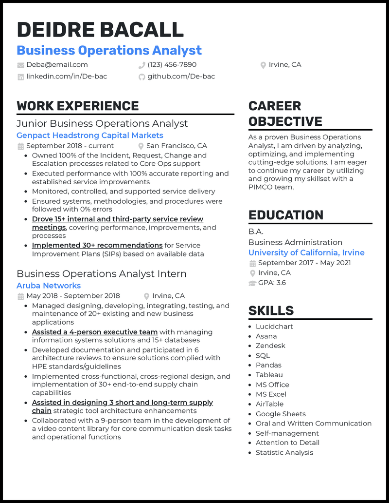 Formal operations analyst resume example